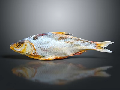 Whole Dried Fish With Golden Silver Color On Reflective Gray Surface 3d model