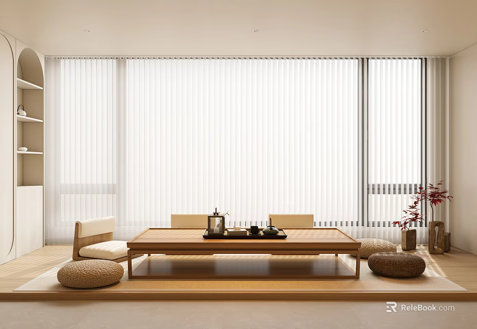 Minimalist Tea Room With Wooden Table And Natural Light 3d model 