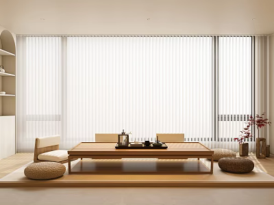 Minimalist Tea Room With Wooden Table And Natural Light 3d model