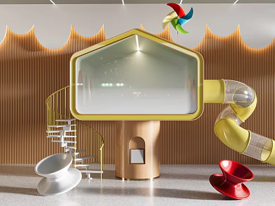 Indoor House Shaped Play Equipment With Colorful Windmill Yellow Slide Spiral Staircase And Spinning Tops 3d model