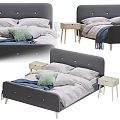 Double Bed with Gray Button Tufted Headboard Light Bedding and Wooden Nightstand 3d model
