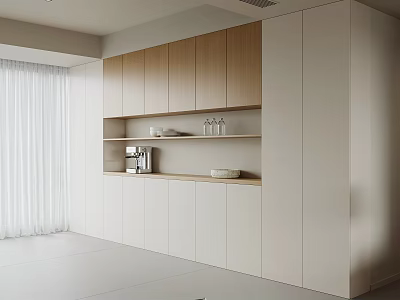 Modern Sideboard Cabinet With Wooden And White Open Shelves Tableware And Coffee Machine 3d model