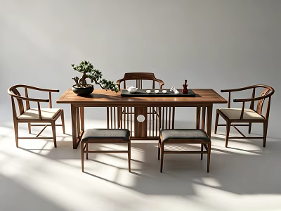 Traditional Wooden Tea Table and Chairs in Minimalist Setting With Potted Plant and Tea Set 3d model