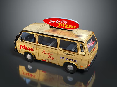 Golden Bus With Surfer Boy Pizza Branding For Delivery Service 3d model