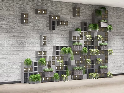 Creative Vertical Garden Decor With Gray Cube Structure Green Plants And White Flowers 3d model