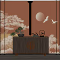 Wooden Dark Brown Entryway Side Cabinet With Potted Plant Circular Decoration Moon Crane Wall Art
