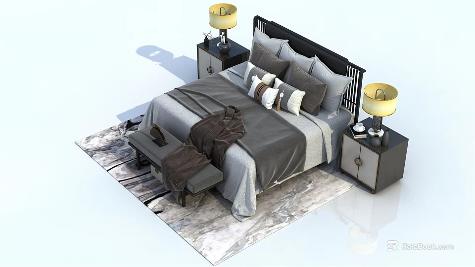 Modern Double Bed Setup With Nightstands Table Lamps Bench And Rug 3d model