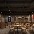 Cozy Restaurant Interior With Wooden Tables Chairs Wall Decor Shelves And Ceiling Lights