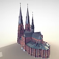 Ancient Red Brick Building With Twin Spires And Clock Tower Gothic Design 3d model