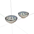 Decorative Ceramic Dinnerware Set with Two Bowls Featuring Blue and White Patterns 3d model