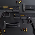 Tactical Black Handgun With Textured Grip Magazine And Bullets Display Setup