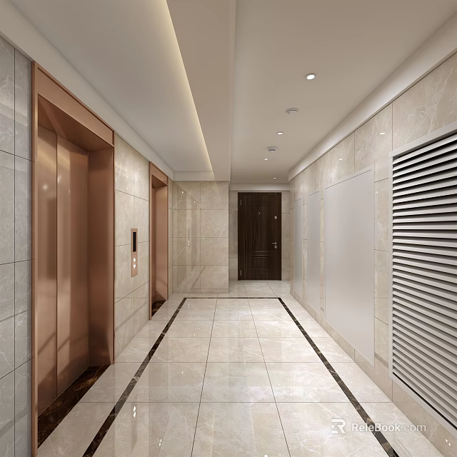 Modern Elevator Hallway With Marble Walls Polished Tiles Copper Doors And Ceiling Lights 3d model