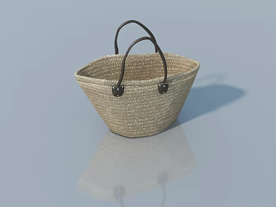 Woven Straw Basket With Brown Leather Handles And Smooth Surface Design 3d model