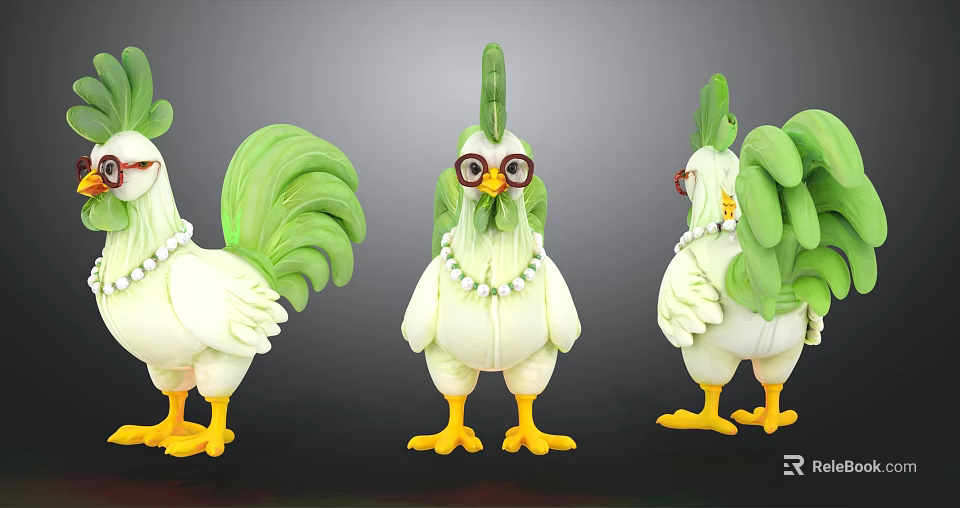 Decorative Chicken Figurines With Green Tail Feathers Yellow Feet Glasses And Pearl Necklace 3d model 