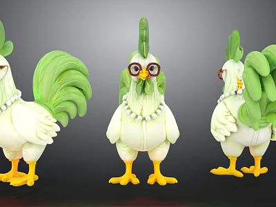 Decorative Chicken Figurines With Green Tail Feathers Yellow Feet Glasses And Pearl Necklace 3d model
