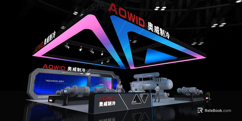 AOVID Refrigeration Exhibition Booth With Modern Geometric Lighting And Equipment 3d model 
