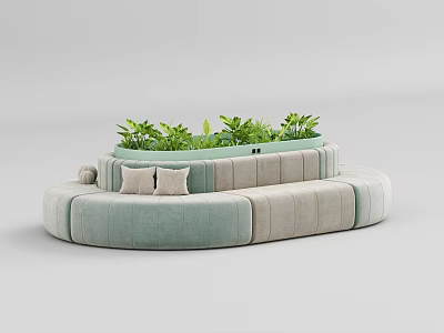 Light Green and Beige Round Leisure Sofa Set With Cushions and Green Plants on Top 3d model