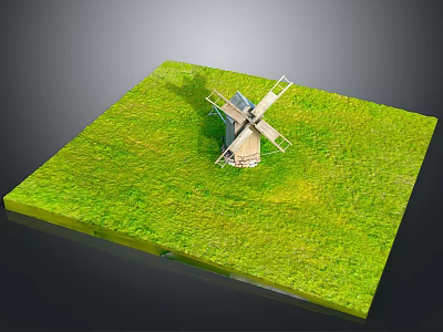 Wooden Windmill With Spinning Blades On Square Green Grass Lawn 3d model