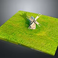 Wooden Windmill With Spinning Blades On Square Green Grass Lawn