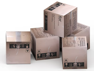 Stacked Cardboard Boxes With Labeled Icons For Package Delivery And Storage 3d model