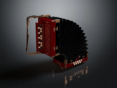 Classic Red Accordion With Black Bellows Brass Keys And Decorative Details 3d model