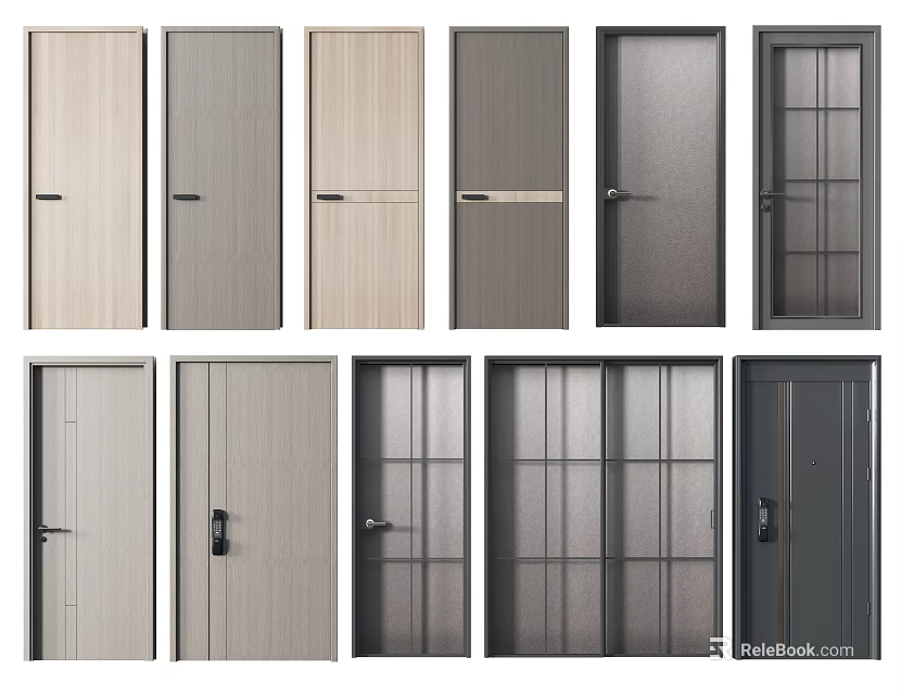Various Styles of Modern Hinged Doors with Wood Glass and Metal Panels for Interior Design 3d model 