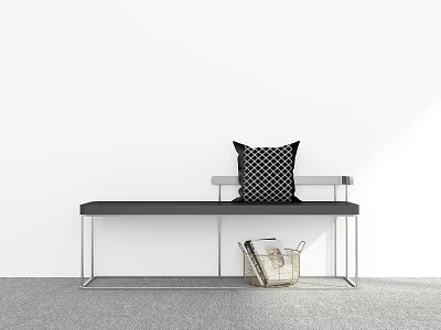 Modern Black Bench With Checkered Pillow And Woven Basket On Gray Floor 3d model