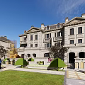 Luxurious Townhouse Exterior With Stone Construction Porch Columns Symmetrical Design And Lawn Front Yard
