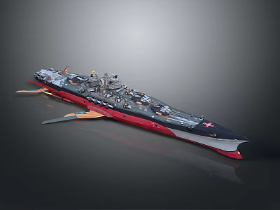 Detailed Military Warship Model With Black Red Hull And Deck Turrets 3d model