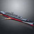 Detailed Military Warship Model With Black Red Hull And Deck Turrets