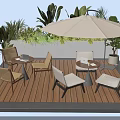 Stylish Outdoor Table with White Umbrella Chairs and Green Plants on Wooden Deck