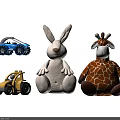 Adorable Stuffed Rabbit And Giraffe Plush Dolls With Blue Excavator And Yellow Tractor