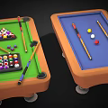 Two Colorful Billiard Tables With Pool Cues Balls On Green And Blue Felt Table Surfaces