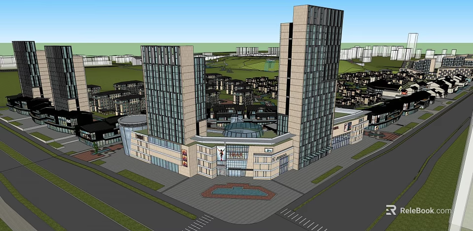 Modern Hotel Building With High Rise Towers Glass Facade Plaza And Fountain 3d model 