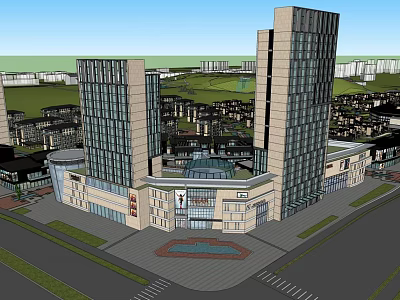 Modern Hotel Building With High Rise Towers Glass Facade Plaza And Fountain 3d model