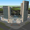 Modern Hotel Building With High Rise Towers Glass Facade Plaza And Fountain