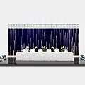 Stage With Blue Lighting And Purple Vertical Stripes Backdrop Long Table White Flowers Table Setting 3d model