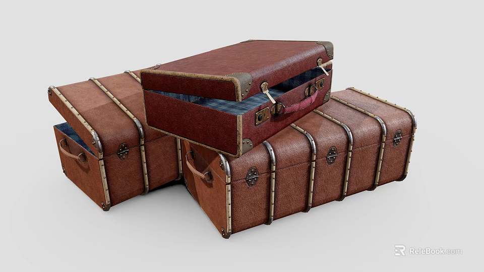 Three Vintage Brown Leather Suitcases Open One With Blue Fabric And Red Item Inside Storage 3d model 