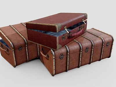 Three Vintage Brown Leather Suitcases Open One With Blue Fabric And Red Item Inside Storage 3d model