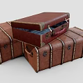 Three Vintage Brown Leather Suitcases Open One With Blue Fabric And Red Item Inside Storage