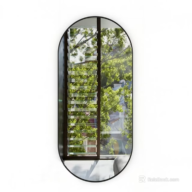 Large Oval Mirror Reflecting Green Trees And Buildings In Interior Space 3d model 