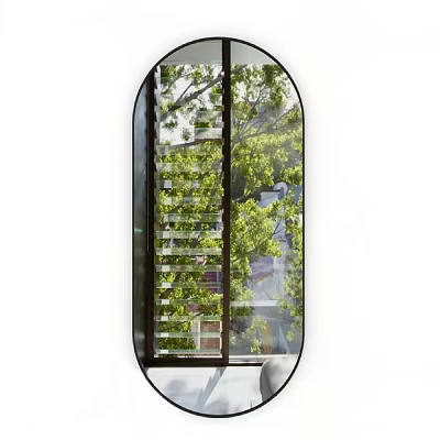 Large Oval Mirror Reflecting Green Trees And Buildings In Interior Space 3d model