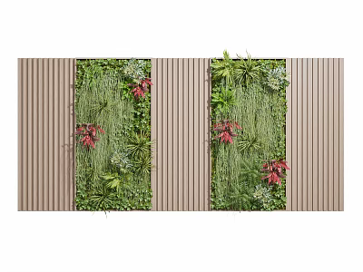 Two Panel Decorative Green Plant Wall With Wooden Strips And Red Flowers Design 3d model