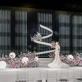 Elegant Banquet Hall Interior Featuring Crystal Chandeliers Flower Arrangements And Stage