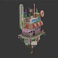 Cartoon Food Cart Scene With Lovely Signboard Donut Red White Striped Awning And Checkerboard Base
