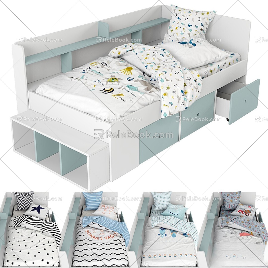 Children's Bed Boy Box Shelf Linen 3d model