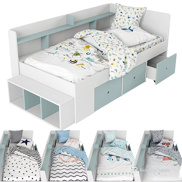 Modern Kids Bed Design With White Light Blue Frame And Storage Drawers 3d model 