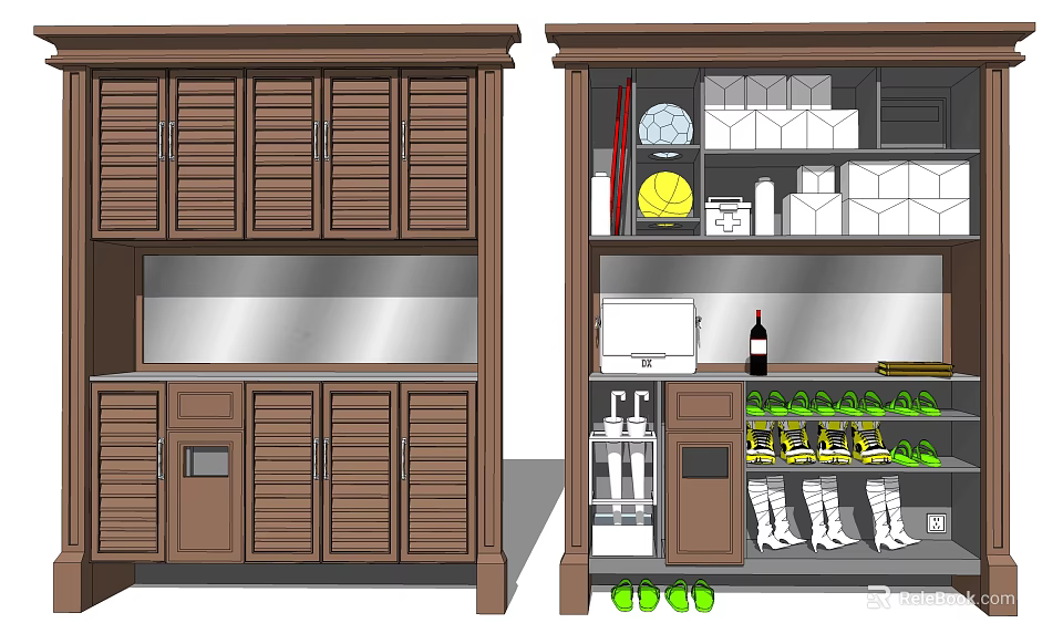 Wooden Shoe Cabinet With Shutter Doors And Open Design For Shoes Wine Bottle Tennis Ball 3d model 