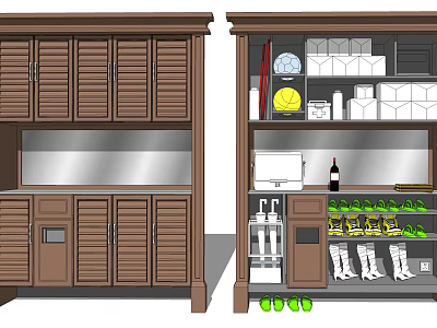 Wooden Shoe Cabinet With Shutter Doors And Open Design For Shoes Wine Bottle Tennis Ball 3d model