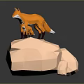 Geometric Fox Figurines Parent and Baby Standing on Pink Polygonal Stone